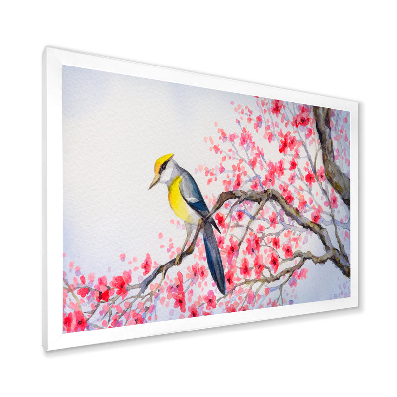 «Beautiful Red Bird on Flowering Branch II», peinture sur toile encadrée, H 30 po x l 40 po x 1,5 po, Cadre blanc