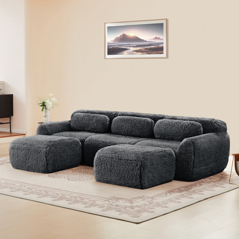 Canapé à compression, canapé en forme de U, pour le salon, Fausse fourrure grise foncée, H 28,7 po x l 114,7 po x P 70,4 po