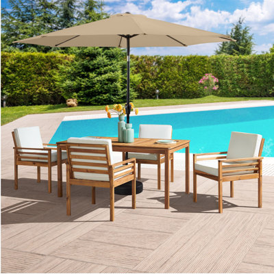 Arjay 8 Pc Patio Dining Set Wood One 63" Table Chairs With Cushions And 1 10-Foot Tilt Umbrella
