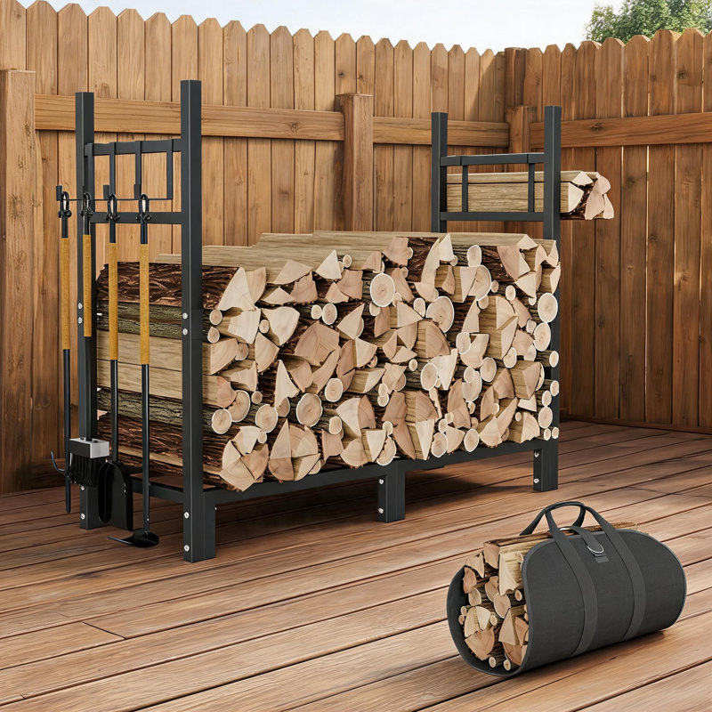 Range-bûches extérieur robuste en métal avec ensemble d'accessoires pour foyer et sac de transport pour bûches, idéal pour terrasse, jardin ou foyer extérieur.