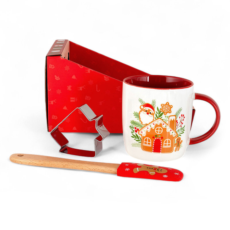 Grande tasse en porcelaine Gingerbread House avec emporte-pièce et spatule dans une boîte cadeau