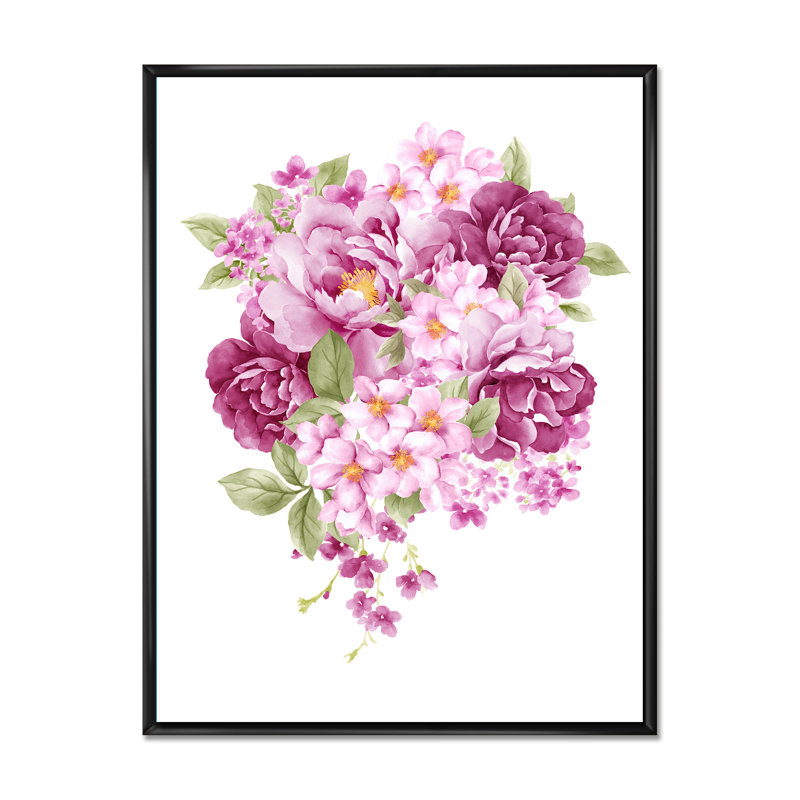 Fleurs roses rétro - peinture sur toile, H 32 po x l 16 po x P 1 po, Toile avec cadre noir