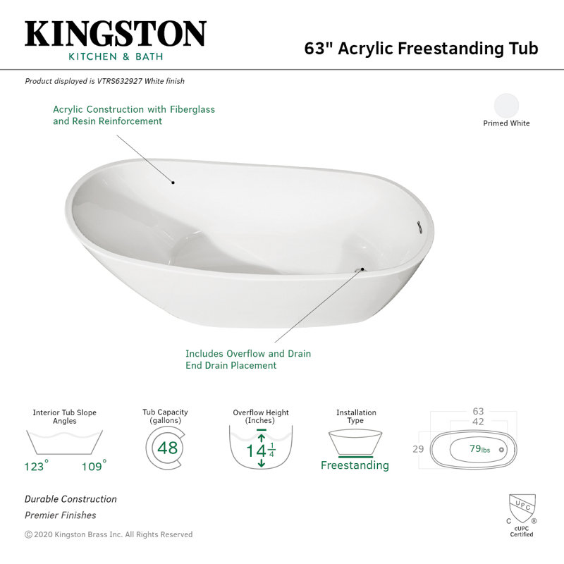 Aqua Eden 63-Inch White Acrylic Freestanding Slipper Tub