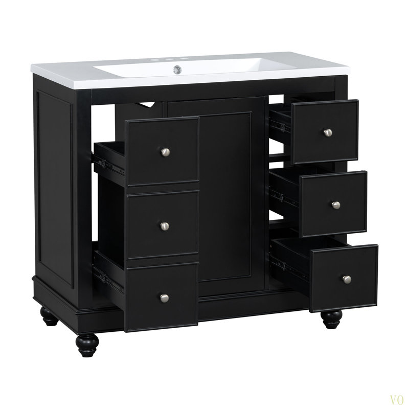 Meuble-lavabo contemporain de 36 po x 18 po x 34 po, 4 tiroirs, 1 porte d'armoire, rangement polyvalent, lavabo intégré en résine, tablettes réglables, cadre en bois massif avec panneau de fibres à densité moyenne