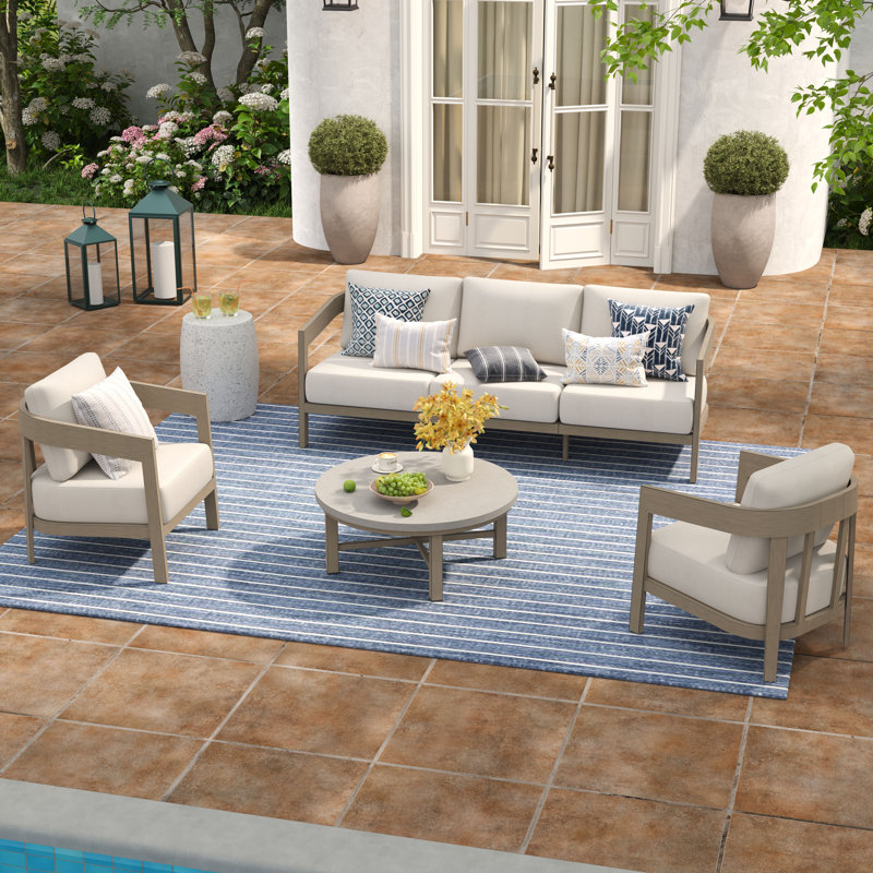 Harmonti  Patio Aluminum 5 Person Conversation Set With Concrete Table, 4 Pcs: Table, Sofa, 2 Fixed Chairs