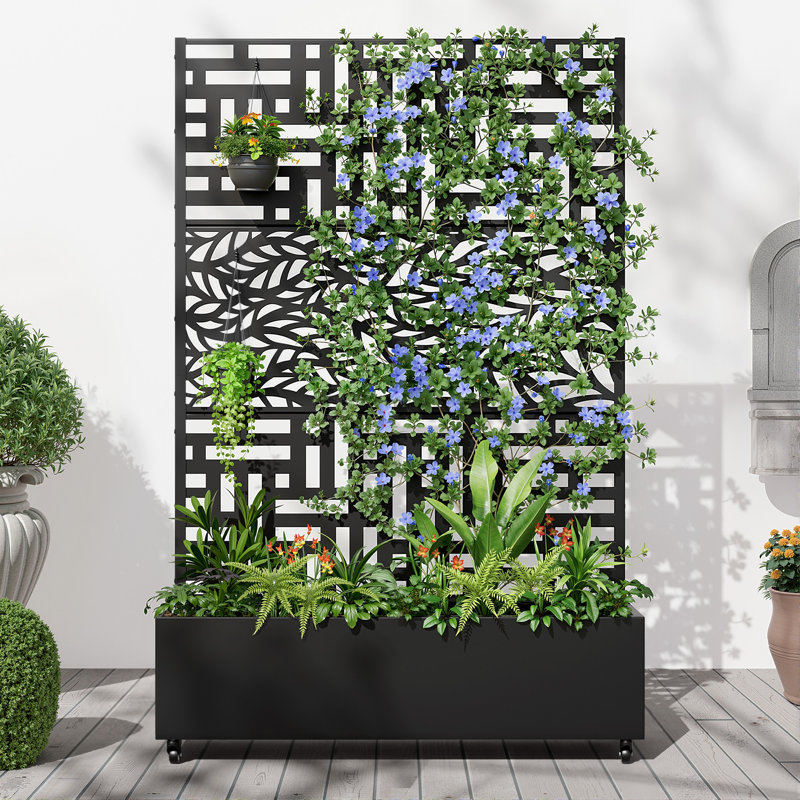 Support pour plante en fer noir avec roues - H 73 po x P 16 po x L 47 po, conception modulaire autoportante, ensemble 1 pièce