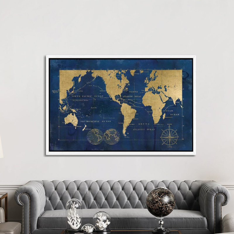 Indigo World Map by Carol Robinson - Print on Canvas, White Framed, 152.5 cm H x 101.5 cm W