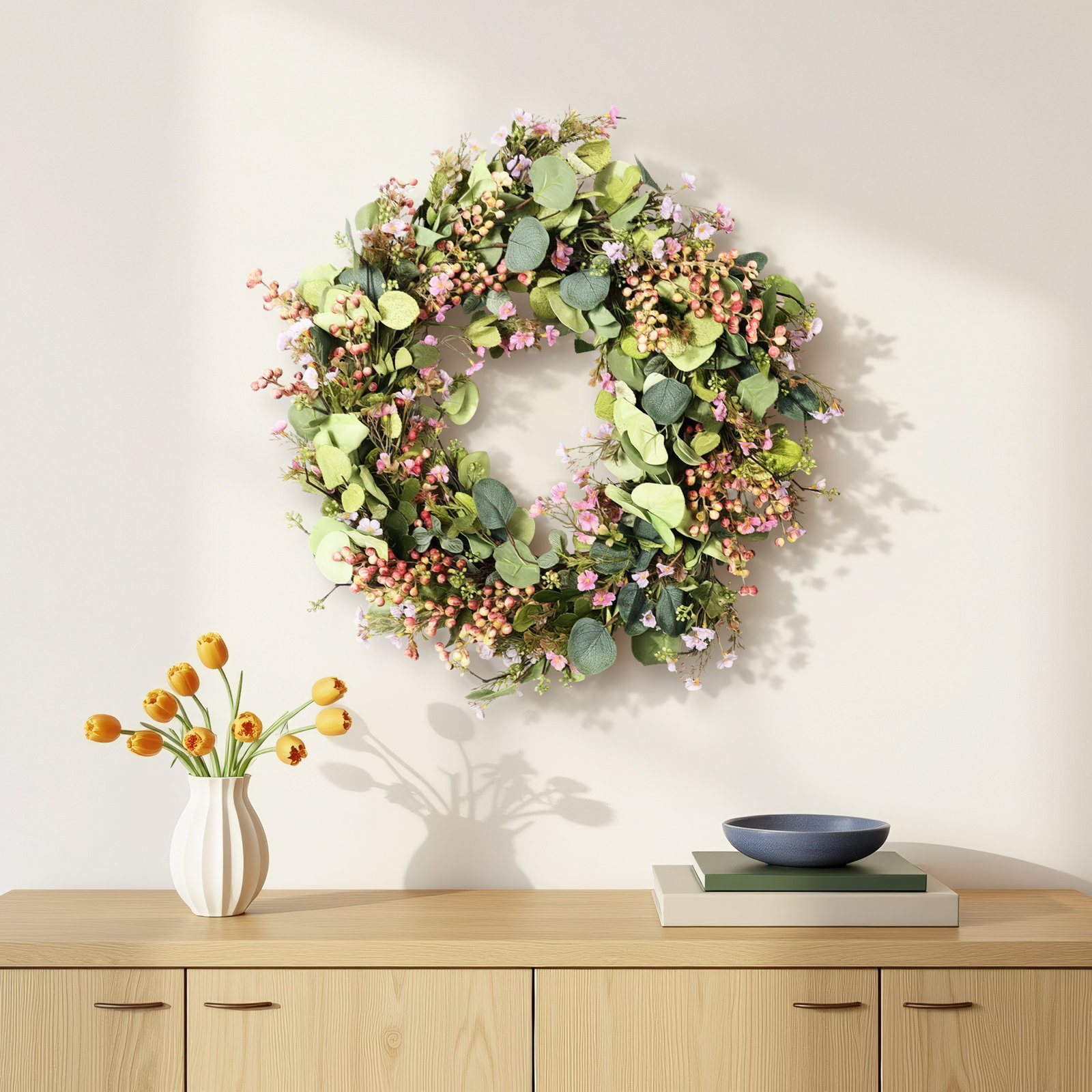 24" Artificial Wildflower Eucalyptus Berry Thanksgiving Day Fall Wreath For Front Door