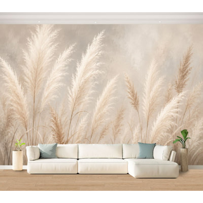 Wall Mural Peel and Stick Wallpaper Minimal Beige Pampas Grass Field Soft Natural Boho Aesthetic Self-Adhesive Removable Contact Paper Wall Decor for Living Room Bedroom 100"H x 144"W