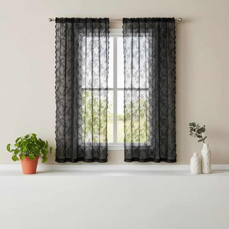 2 Panel Lace Curtain Airy Sunscreen Thin Dustproof Washable Decorative Tear Resistant Floral Patterned Black Lace Sheer Curtain For Home Decor, W/100cm X L/100cm