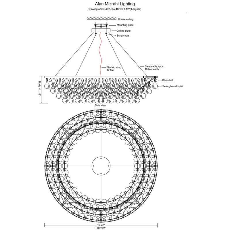 Lustre rond en acier clair, AAVM3613, H 12 po x l 60 po x P 60 po, AAVM3613