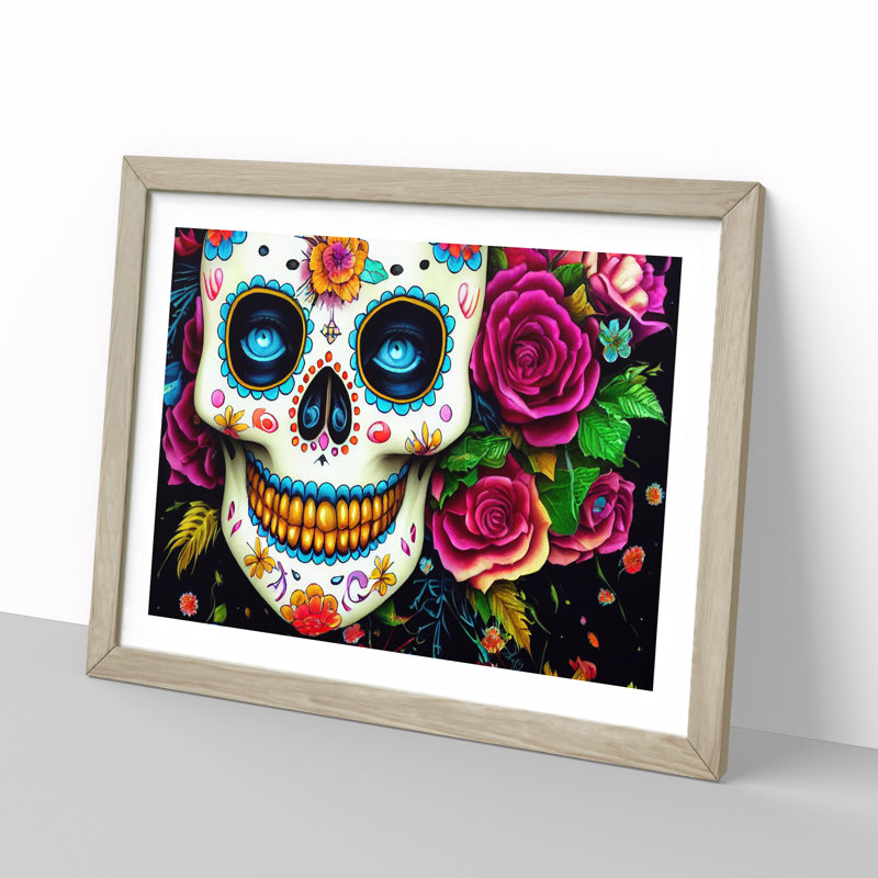 Bold Floral Sugar Skull - Single Picture Frame Print, 46cm H x 64cm W x 2cm D, Oak Framed