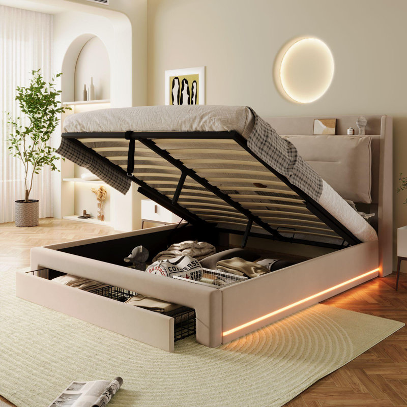 Aldea Upholstered Ottoman Storage Bed, Double (4'6), Beige