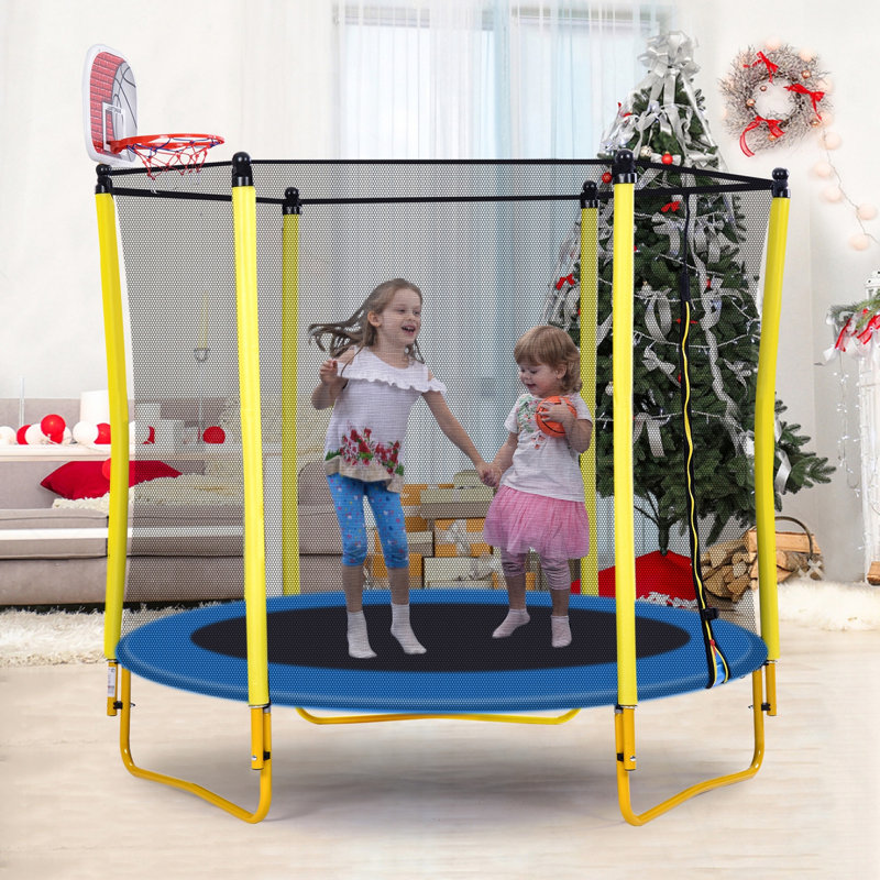 Mini trampoline d'extérieur et d'intérieur pour tout-petits avec enceinte, panier de basketball et ballon inclus