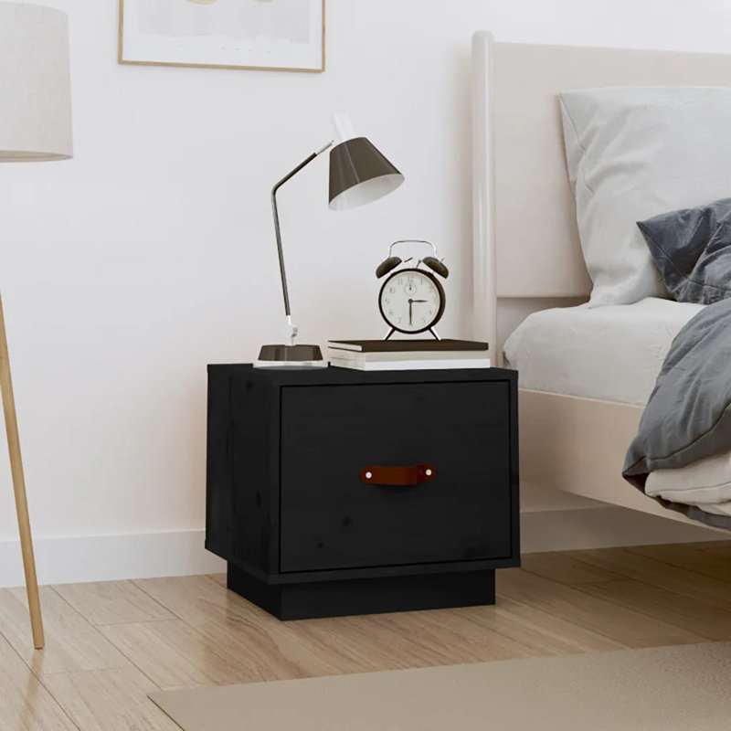 40cm W Solid Wood Bedside Table, Black, Set of 2