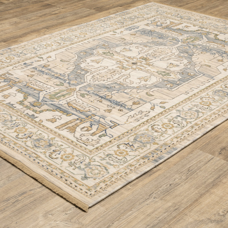 Kuester Vintage Center Medallion Beige/ Grey Wool Blend Area Rug, Rectangle 3'3" x 5'