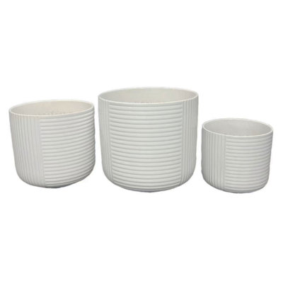 Kena Planter Set Of 3, White Ceramic, Ribbed Texture Pots, 12 10 8 Inch