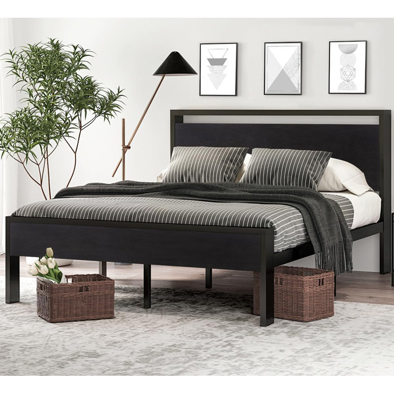 Black Oak Queen Metal Platform Bed Frame with Wooden Headboard