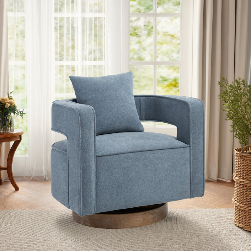 Fauteuil demi-tonneau moderne pivotant avec dossier ouvert, Mélange de lin bleu pâle