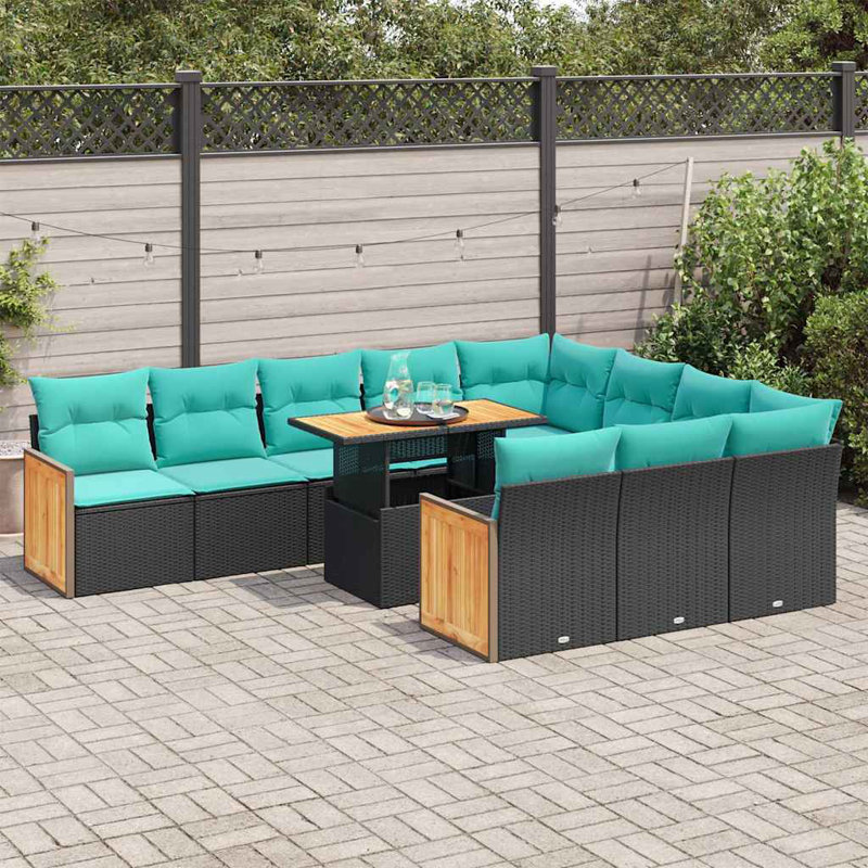  Ensemble 11 pièces de canapé de patio avec coussins en acacia de rotin noir