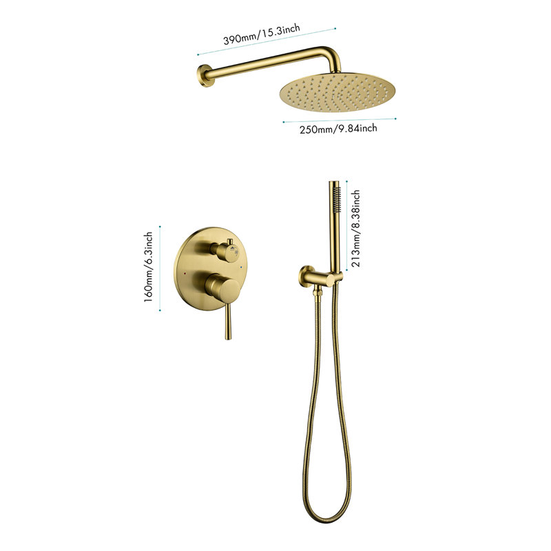 Système de douche complet en or brossé 10 pouces avec valve brute Topcraft