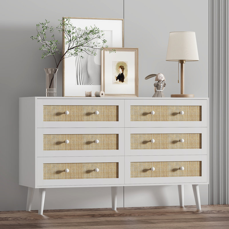 Augustina Rattan 6 Drawer Dresser for Bedroom, 47.3'' Wide Boho Double Dresser, Storage Dresser & Chest with Wooden Knobs