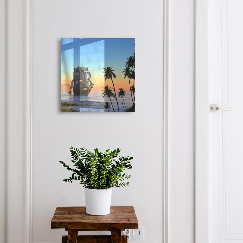 Key box, Opens to the left, 30x30x5, White, Sailing ship at sunset and palm trees, 