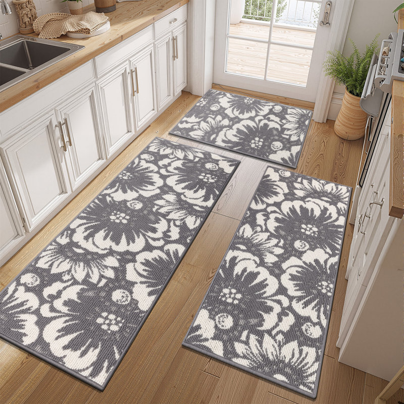 Floral Non-slip Washable Kitchen Mat (Set of 3）, Gray