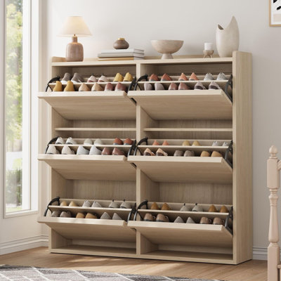 Space-Saving Shoe Storage Cabinet with 6 Flip Drawers,Natural