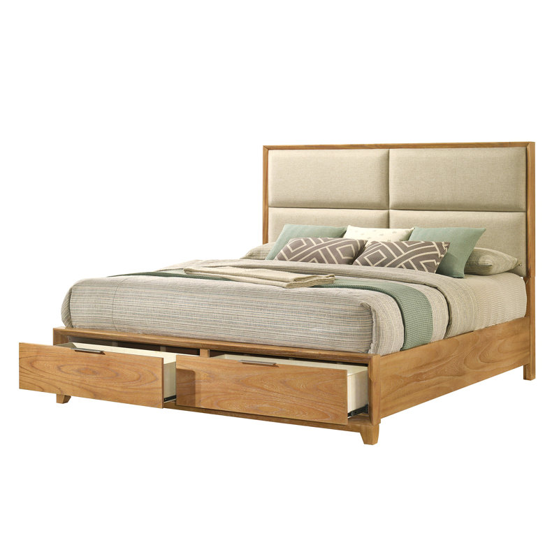 1Pc King Storage Platform Bed Upholstered Ultra-Plush Headboard Two Footboard Storage Drawers Solid Wood Natural Wood Finish Wooden Bedroom Furniture