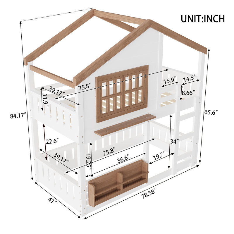 Twin Size Loft Bed with Bookshelf & House-Style Design, High-Quality Safety Rails, Beige & Natural Kids Bunk Bed