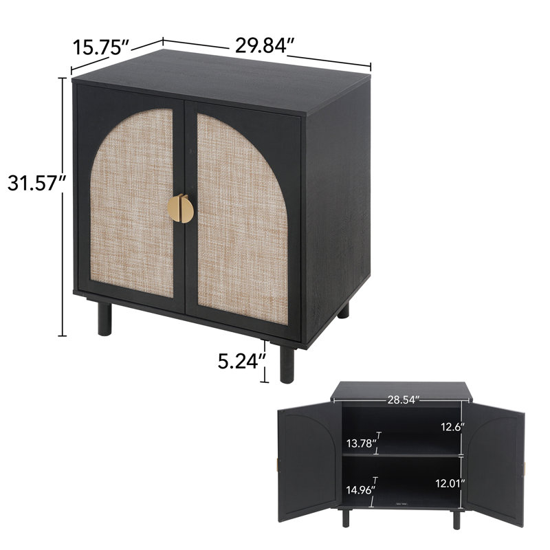 Modern Rattan Storage Cabinet, Black Wood Sideboard With Magnetic Latch,, Black