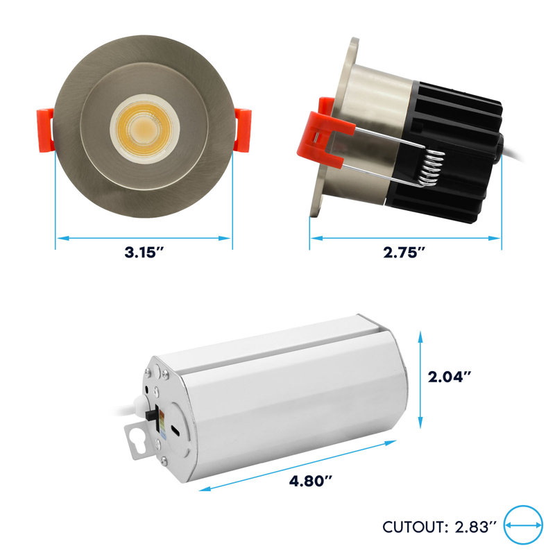 Luxrite 2 po Éclairage DEL sans lumière à DEL régressé avec garniture ronde en nickel brossé interchangeable, 5CCT, CRI90, 8W, 600LM, faisceau 38 °, intensité variable, 120V, ETL, paquet de 4