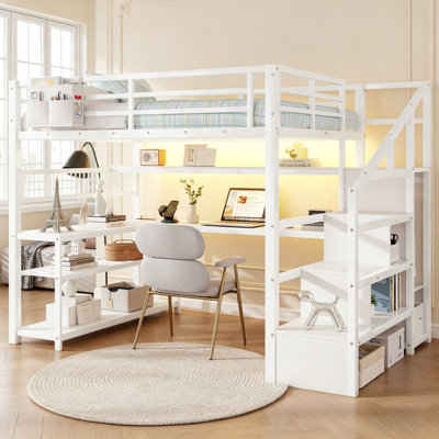 Full Size Gaming Loft Bed with Charging Station and Wardrobe & L-Shaped Desk, Workstation Loft Bed with USB Ports and LED Lights & Storage Stairs for Teens Adults, White
