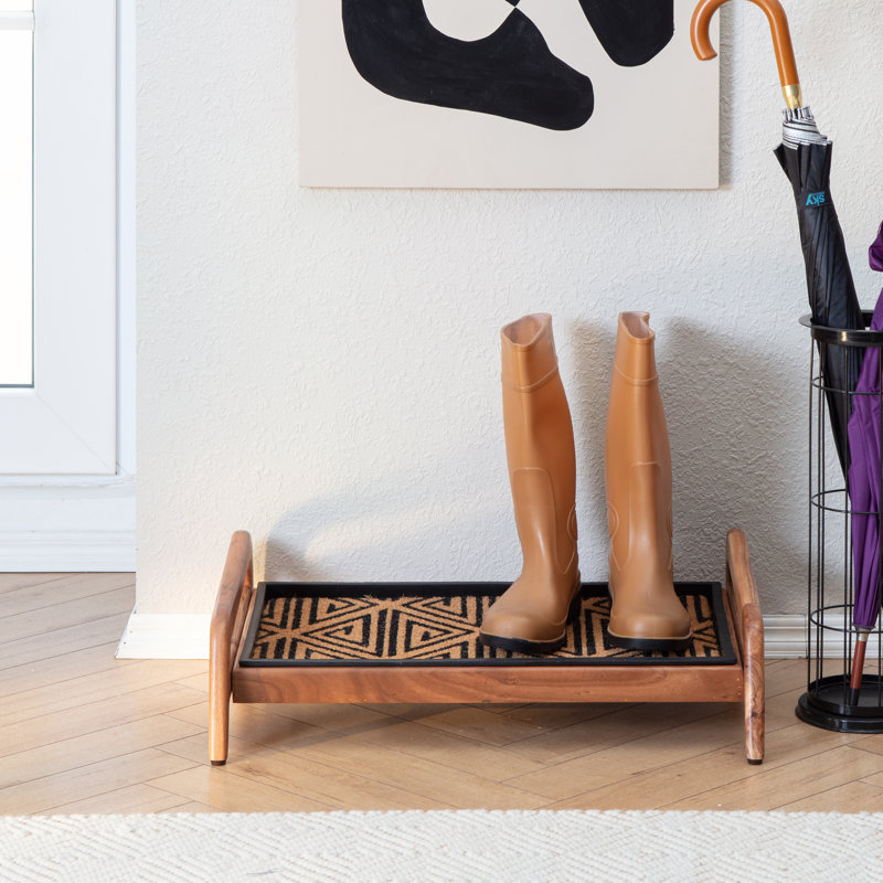 Support à bottes en bois massif de qualité supérieure avec tapis en fibre de coco naturelle - Rangement pour chaussures