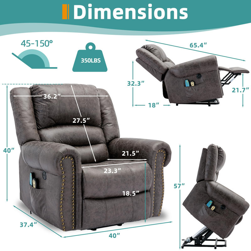 Rushun Upholstered Lift Assist Power Recliner, Gray