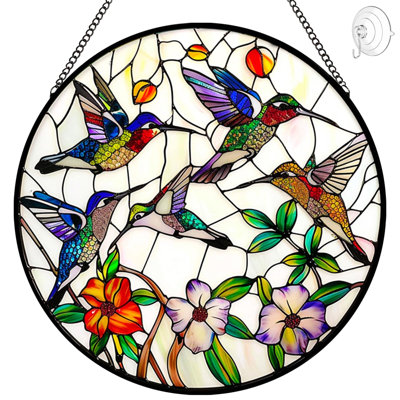 Décoration de vitrail pour fenêtre Hummingbird and Flowers - 8 po Hummingbird Suncatcher - Décoration d'intérieur pour fenêtre avec chaîne et crochets