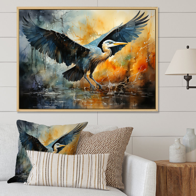 «Teal Yellow Heron Elegance» dévoile un pointillisme sur toile, H 16 po x l 32 po x P 1 po, Cadre naturel flottant