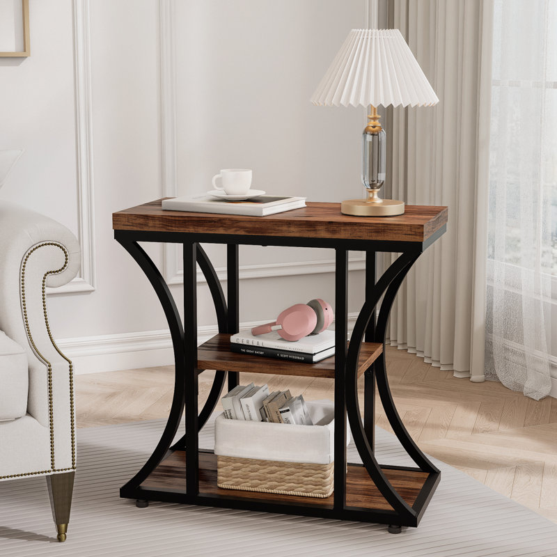 3-Tier End Table With Storage Shelves, Rustic Industrial Side Table For Living Room, Brown