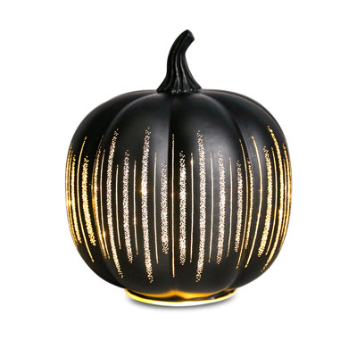 Halloween Black Glass Pumpkin Ornament With Glowing Gold Stripes & Built - In Led Lights For Spooky - Chic Decor