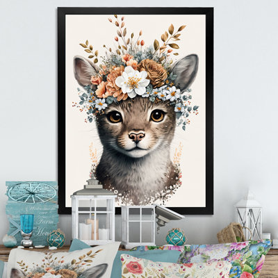 Mignon bébé chat avec couronne florale III - animaux, art mural sur toile