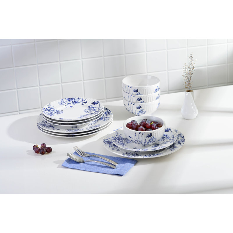 Cassian Blue Floral Embossed Porcelain 12-Piece Dinnerware Set