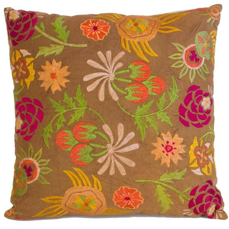 Ensemble de deux coussins décoratifs en coton à motif floral brun, vert et rose de 20 po