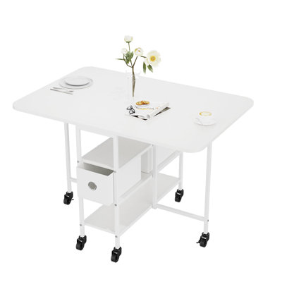 Folding Drop Leaf Dining Table with Storage Drawers, Rolling Extendable Kitchen Island Table