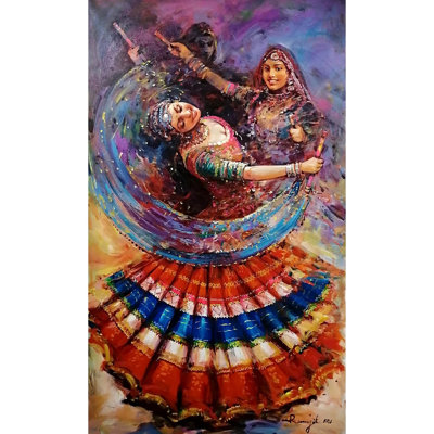 Dames jouant sur Dandiya Raasda | Acrylique sur toile