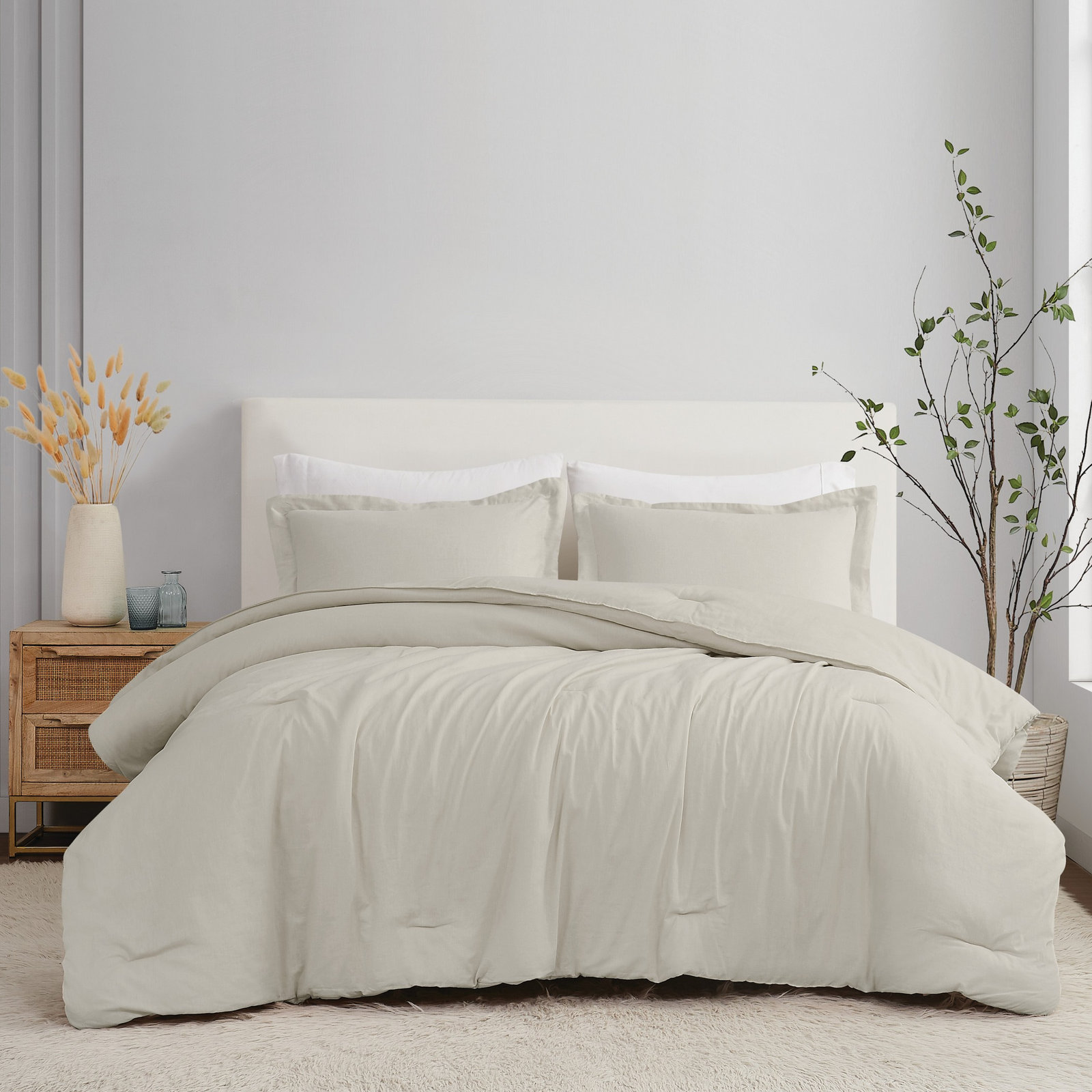 Nena Linen Comforter Set, Beige, Queen Comforter + 2 Standard Shams
