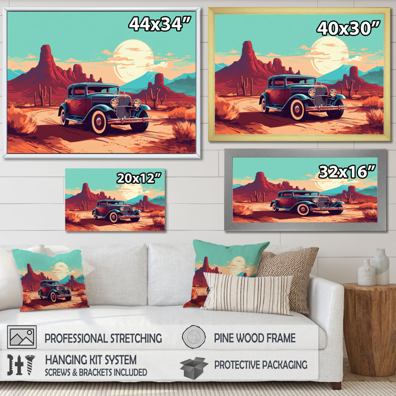 «Old American Car In Nevada V», reproduction sur toile, H 16 po x l 32 po x P 1 po, Cadre naturel flottant