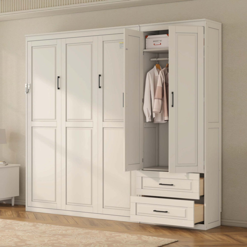 Lit escamotable avec armoire de rangement et tiroirs, tête de lit tapissier Murphy, White