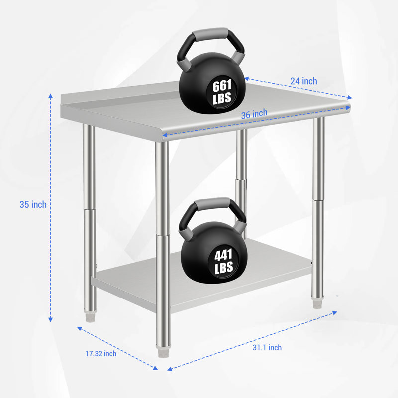 Table de travail en acier inoxydable robuste pour brassage, 30 po x 24 po x 35 po, table de préparation de cuisine commerciale à double couche avec tablette inférieure réglable, bord arqué - 30 * 24 * 35 pouces, sans roulettes, sans plaque arrière