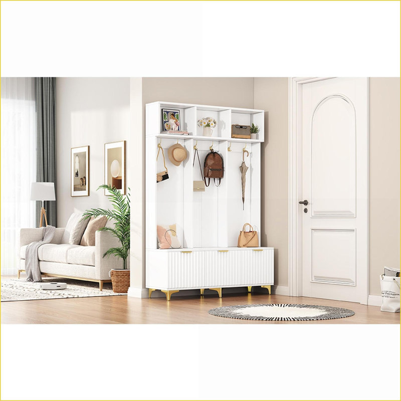 Arbre d'entrée avec banc de rangement, 6 crochets dorés et amp; Portes cannelées ultrabrillantes, blanc moderne | Blanc + or | Panneau de particules